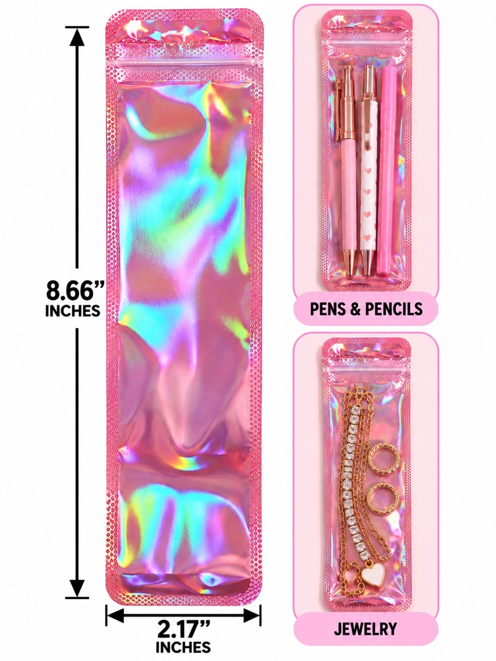 50 Pink Holographic Reusable Dust Proof Packaging Bags For Jewelry and Pens - Picture 3 of 3